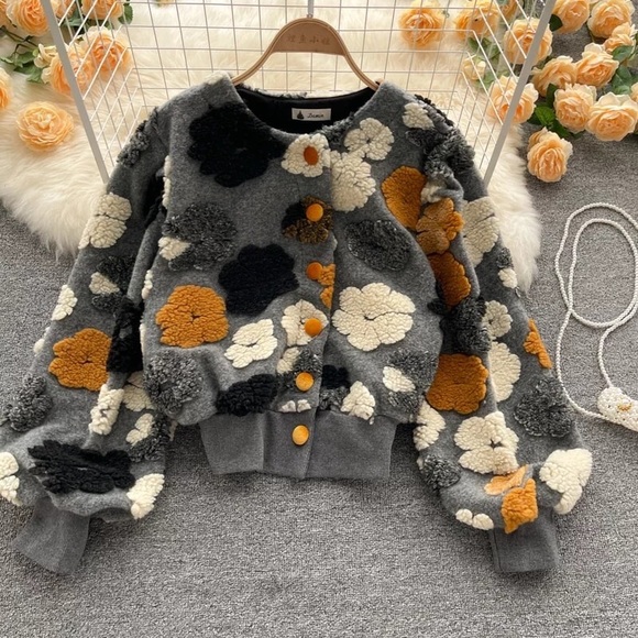 Floral jacket puff sleeve coat fuzzy 3d flowers runway fashion womens bomber - Picture 12 of 12